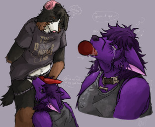 anthro bodily_fluids brown_eyes clothing collar crying dripping female female/female fur gagging genitals knot looking_at_another looking_at_partner looking_up neck_bulge oral oral_penetration penetration penis penis_on_face praise purple_body purple_fur saliva saliva_drip sex_toy sex_toy_fellatio shirt sound_effects strapon strapon_fellatio tank_top tears topwear cryptorch1dism amethyst_(cryptorch1dism) charlie_(cryptorch1dism) bernese_mountain_dog canid canine canis domestic_dog mammal molosser mountain_dog swiss_mountain_dog wolf hi_res