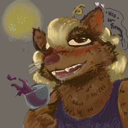 ahoge alcohol anthro beverage black_eyes black_text blonde_hair blush blush_lines bodily_fluids brown_body brown_fur bubble clothing container cup curly_hair dialogue dress drinking_glass dripping drooling drunk drunk_bubble dull_eyes female fur glass glass_container glass_cup grey_background hair heart_symbol hiccuping looking_up pink_heart popping_bubble purple_clothing purple_dress red_inner_ear red_nose saliva saliva_drip simple_background solo speech_bubble spilling_drink substance_intoxication teeth text whiskers wine wine_glass yellow_light snootdra 1:1 digital_media_(artwork) digital_painting_(artwork) hi_res painting_(artwork)