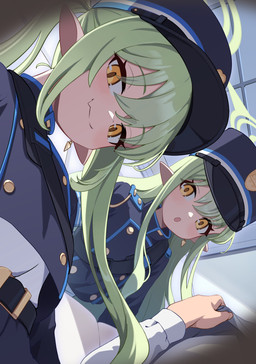 belt blue_clothing blue_hat blue_headwear blue_shirt blue_topwear blush clothing cute_fangs ear_piercing ear_ring fangs female first_person_view flat_chested green_hair hair hair_between_eyes hat headgear headwear long_hair looking_at_viewer lying_on_another narrowed_eyes open_mouth piercing pigtails pointy_ears prick_ears ring_piercing shirt teeth topwear young young_female young_humanoid duoya8vlzw34920 blue_archive nexon hikari_(blue_archive) nozomi_(blue_archive) sensei_(blue_archive) demon demon_humanoid humanoid hi_res