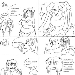 anthro belly belly_overhang big_breasts breasts dreadlocks female frederatorfunnies group humor male pippa_(frederator) canid canine canis domestic_dog human humanoid mammal 1:1 hi_res monochrome