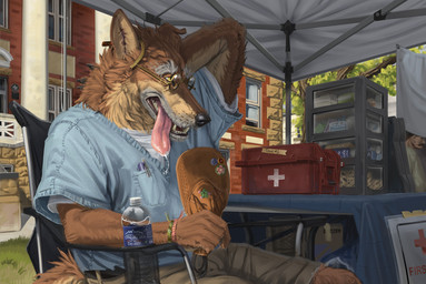 anthro bottomwear breath brown_body brown_fur chair clothed clothed_anthro clothed_male clothing detailed_background doctor elderly_anthro elderly_male eyewear fur furgonomics furniture glasses heat_(temperature) male male_anthro open_mouth outside panting scrubs shirt shorts sitting solo table tongue tongue_out topwear wearing_glasses kaltag1925 canid canine canis mammal wolf hi_res