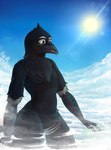 aircraft airplane anthro avian biped bird black_body black_feathers cloud corvid corvus_(genus) crazymangak crow curanull feathers giga hi_res jet macro male nude oscine outside passerine sky skyscape smile solo vehicle