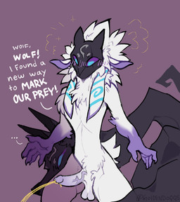 anthro blush blush_lines bodily_fluids crossgender erection excited_expression ftm_crossgender genital_fluids male peeing presenting solo speech_bubble urine watersports goldendoqqs league_of_legends riot_games tencent kindred_(lol) lamb_(lol) wolf_(lol) bovid canid canine canis caprine mammal sheep wolf
