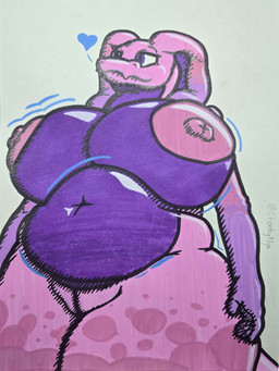 anthro areola belly big_breasts biped breasts female female_anthro fingers genitals grey_background heart_symbol huge_breasts humanoid_genitalia humanoid_vulva innie_vulva multicolored_body nipples non-mammal_nipples overweight overweight_anthro overweight_female perspective pink_body pink_nipples purple_eyes simple_background snake_hood tail unusual_anatomy vulva chonkynyx reptile scalie snake 3:4 absurd_res hi_res