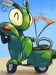 ambiguous_gender blue_sky blush blush_lines day detailed_background flag flag_(object) green_body headlight_eyes looking_at_viewer machine motion_lines one_eye_closed sky solo star tire vehicle wink winking_at_viewer conditional_dnp tangerine_(artist) emmie_(giik) animate_inanimate arthropod insect living_machine living_vehicle mantis 2025 3:4 digital_media_(artwork) digital_painting_(artwork) full-length_portrait hi_res painting_(artwork) portrait nonbinary_(lore)
