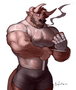 2_horns anthro arm_hair bandage bandage_on_face bandage_on_nose beard biceps black_bottomwear black_clothing black_shorts body_hair bottomwear brown_hair cigarette clothing deltoids facial_hair forearm_muscles hair horn looking_at_viewer male muscular muscular_anthro muscular_male pecs red_eyes rope_around_horns shirt shorts smoking smoking_cigarette solo topwear translucent translucent_clothing translucent_shirt translucent_topwear triceps vein veiny_muscles wrapping wraps wrist_wraps nightterror jack_(nightterror) bovid bovine cattle mammal 2020 2022 dated hi_res signature
