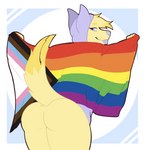 anthro blep blonde_hair bottomless bottomless_male butt clothed clothing dipstick_tail flag flag_(object) fur hair half-closed_eyes highlights_(coloring) holding_flag holding_object hoodie lgbt_pride looking_at_viewer looking_back male markings narrowed_eyes pride_color_flag pride_colors progress_pride_colors purple_body purple_clothing purple_eyes purple_hoodie purple_nose purple_tongue purple_topwear rainbow_pride_colors raised_tail simple_background smile smiling_at_viewer solo tail tail_markings tail_mouth tongue tongue_out topwear unusual_anatomy unusual_tail yellow_body yellow_butt yellow_fur yellow_tail galaxymaw lgbt_pride_month lenny_(chef_theia) animal_humanoid cat_humanoid domestic_cat felid felid_humanoid feline feline_humanoid felis humanoid mammal mammal_humanoid absurd_res half-length_portrait hi_res portrait