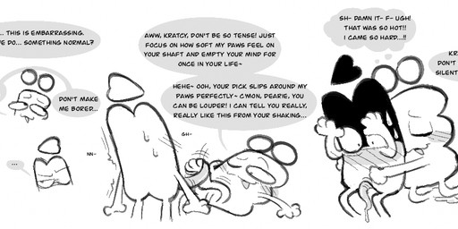 blush bodily_fluids cum dialogue duo genital_fluids genitals male not_furry penis tapering_penis text clockstops3am conditional_dnp battle_for_dream_island object_shows algebralian animate_inanimate comic english_text greyscale monochrome