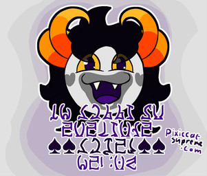 black_hair blood bodily_fluids colored_blood grey_body hair open_mouth open_smile purple_blood purple_eyes smile text unusual_blood unusual_bodily_fluids yellow_sclera pixiecatsupreme homestuck ms_paint_adventures clakat_asicor alien arthropod insect troll_(homestuck) english_text hi_res nonbinary_(lore)