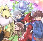 ambiguous_gender anthro bottomwear brown_hair clothing female fur gloves green_eyes grey_hair grin group hair hand_holding handwear horn jacket long_ears male pants rear_view red_body shirtless smile topwear yellow_body yellow_eyes yellow_fur tenya_yabuno bandai_namco digimon digimon_ghost_game hiro_amanokawa kiyoshiro_higashimitarai ruri_tsukiyono betelgammamon digimon_(species) human humanoid mammal symbareangoramon teslajellymon hi_res