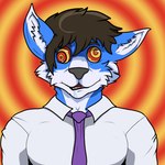 anthro blue_body blue_fur bodily_fluids clothing derp_eyes drooling eyebrows fur goofy_smile hypnosis male mind_control necktie ringed_eyes saliva simple_background solo suit white_tipped_ears caine_latrans_(artist) mattswolf canid canine canis mammal wolf 1:1