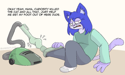 accidental_vore anthro blue_body blue_fur cat_tail cleaning_tool clothed clothing dialogue ears_up footwear front_view fully_clothed fur hair inanimate_pred inner_ear_fluff looking_at_viewer male multicolored_body multicolored_fur open_mouth pink_body pink_eyes pink_fur simple_background socks solo stuck tail talking_to_viewer text tube_bulge tuft unwilling_prey vacuum_cleaner vacuum_vore vore umbratilace domestic_cat felid feline felis inanimate_object mammal 2023 cel_shading colored comic digital_drawing_(artwork) digital_media_(artwork) english_text shaded signature