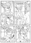 absurd_res adam_flint anthro black_and_white blood bodily_fluids canid canine clothed clothing comic dialogue duo english_text eric_doyle fox hi_res hybrid inner_ear_fluff inside kifyun2 knife male mammal monochrome scar simple_background speech_bubble text tuft weapon