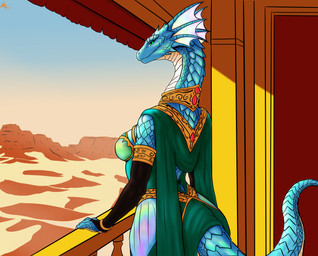 anthro balcony cape clothed clothing desert female fin head_fin iridescent_scales jewelry long_neck necklace oasis priest solo tail azurian lizard reptile scalie absurd_res hi_res