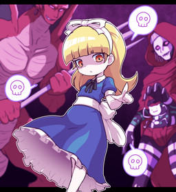 black_ribbon blonde_hair blue_clothing blue_dress bodypaint bone cape clothing dress ear_piercing ear_ring female gesture group hair hand_gesture human_focus looking_at_viewer male melee_weapon not_furry pale_skin piercing pointing pointing_at_viewer polearm puppet purple_eyes purple_sclera red_body red_cape red_clothing red_hood red_scales ring_piercing scales skull trident trio weapon white_ribbon wings yellow_eyes nollety atlus megami_tensei mythology sega the_lesser_key_of_solomon alice_(megami_tensei) belial_(megami_tensei) nebiros_(megami_tensei) demon dragon human humanoid mammal mythological_creature mythological_scalie scalie winged_humanoid digital_media_(artwork)