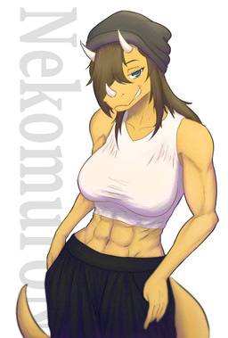 abs anthro beanie bedroom_eyes big_breasts black_bottomwear black_clothing black_pants blue_eyes bottomwear breasts brown_hair clothing crop_top cropped_tank_top facial_horn female fingers grey_beanie grey_clothing grey_hat grey_headwear hair hair_over_eye hand_in_pocket hat headgear headwear horn humanoid_hands long_hair looking_at_viewer muscular muscular_anthro muscular_female narrowed_eyes navel non-mammal_breasts non-mammal_navel pants pockets seductive shirt simple_background smile smirk solo tail text tomboy topwear white_background white_clothing white_crop_top white_topwear yellow_body nekomuro hold_onto_mi mimi_(hold_onto_mi) dinosaur prehistoric_species reptile scalie absurd_res artist_name colored half-length_portrait hi_res portrait shaded