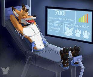 3_toes anthro barefoot bdsm black_nose black_pawpads blue_eyes blush bondage bound brown_body brown_fur cheek_tuft claws collar cuff_(restraint) eyebrows facial_tuft fangs featureless_chest feet fully_bound fur fur_tuft hands_behind_head inner_ear_fluff male multicolored_body multicolored_fur navel nude one_eye_closed open_mouth open_smile orange_body orange_fur pawpads paws pecs plantigrade red_tongue restraints screen shackles sitting smile snout soles solo stocks submissive submissive_anthro submissive_male teeth tickle_fetish tickle_torture tickling tickling_armpits tickling_belly tickling_feet tickling_machine toe_claws toe_restraints toes tongue tuft whisker_spots whiskers white_body white_fur white_inner_ear white_inner_ear_fluff misterfuchs canid canine fox mammal