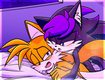 bangs bed_sheet bedding bedroom blue_eyes blush bodily_fluids duo fangs from_behind_position fur inner_ear_fluff lying male male/male multi_tail on_front purple_body purple_eyes purple_fur quill_hair sex shaking simple_background sweat tail teeth tuft yellow_body yellow_fur xxkenthewolfxx sega sonic_the_hedgehog_(series) fan_character miles_prower canid canine fox mammal absurd_res hi_res