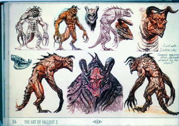 ambiguous_gender bone claws group horn not_furry scan skull tail teeth text adam_adamowicz fallout microsoft deathclaw scalie 2009 absurd_res concept_art english_text hi_res official_art