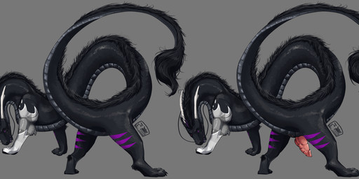 animal_genitalia anus bedroom_eyes black_body black_fur bodily_fluids butt countershade_neck countershade_tail countershade_torso countershading erection feral fur genital_fluids genital_slit genitals grey_body heterochromia horn knot knotted_penis long_body looking_at_viewer looking_back looking_back_at_viewer male narrowed_eyes penis pink_penis presenting presenting_hindquarters purple_body purple_eyes purple_fur raised_tail ridged_penis seductive simple_background smile solo spread_legs spreading standing tail tail_tuft teeth tuft whiskers i-psilone mythology dragon eastern_dragon mythological_creature mythological_scalie scalie 2018 hi_res multiple_images