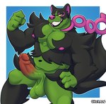 anthro areola balls biceps big_penis biped black_body black_fur erection foreskin fur genitals green_body green_fur humanoid_genitalia humanoid_penis male manly muscular muscular_anthro muscular_male navel nipples nude pecs penis pose retracted_foreskin smile solo tail teeth toxic_chain uneven_balls vein veiny_penis churrosolixoso nintendo pokemon canid generation_9_pokemon legendary_pokemon mammal okidogi pokemon_(species) 2023 digital_media_(artwork) hi_res pinup