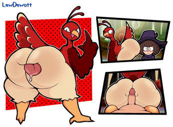 anthro beak big_butt breasts butt clothing duo feather_hands feathered_tail feathers female genitals gesture hand_gesture hat headgear headwear hot_dogging huge_butt looking_at_viewer looking_back male male/female middle_finger mouth_for_vulva open_mouth penis presenting sex simple_background small_breasts smug smug_face tail text thick_thighs topwear white_background witch_hat lewdewott miitopia nintendo twerkey avian bird galliform phasianid turkey digital_drawing_(artwork) digital_media_(artwork) english_text hi_res