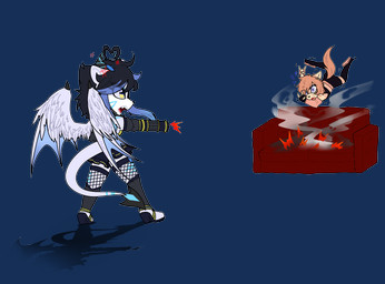 aiming_at_another amber_eyes ambiguous_gender angry anthro black_hair blue_markings bottomwear clothed clothed_ambiguous clothed_anthro clothed_female clothing cross-popping_vein dress duo female fingerless_gloves firing_weapon fishnet_clothing fishnet_legwear footwear fully_clothed fully_clothed_ambiguous fully_clothed_anthro fully_clothed_female furniture gatling_gun gloves gun gun_arm hair handwear high_heels horn leggings legwear machine_gun markings midair minigun muzzle_flash orange_body orange_hair orange_tail pointy_ears purple_eyes ranged_weapon round_ears shoes shorts simple_background sofa spade_tail sweatdrop_(iconography) tail topwear transparent_background weapon weapon_arm white_body wings niitre velatis_ferio_caedo canid mammal unknown_species alpha_channel hi_res