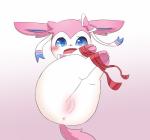 anus bdsm blue_eyes blush bondage bound butt cute_fangs fangs female genitals innie_pussy looking_at_viewer lying nude on_back open_mouth paws presenting presenting_hindquarters pussy ribbons simple_background solo teeth sum nintendo pokemon eeveelution generation_6_pokemon pokemon_(species) sylveon 2018 hi_res