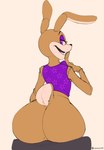 anthro big_butt black_nose bottomless bottomless_anthro bottomless_male butt clothed clothing eyelashes fur half-closed_eyes male narrowed_eyes purple_clothing purple_eyelids purple_eyes purple_topwear purple_vest rabbit_ears rear_view scut_tail short_tail simple_background sitting smile solo star_pattern tail topwear topwear_only vest vest_only yellow_body yellow_fur cyancoyote five_nights_at_freddy's:_help_wanted glitchtrap lagomorph leporid mammal rabbit 2023 hi_res