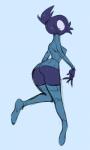 1_eye bottomless breasts butt butt_pose clothed clothing eyelashes female footwear hair knee_highs knee_socks leaning leaning_forward legwear looking_at_self looking_back mouthless not_furry ponytail pose purple_body purple_hair purple_skin rear_view simple_background socks solo standing vongulli tam_(vongulli) cyclops humanoid monster 2019 hi_res