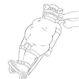 anthro belly blush bound captured chastity_cage chastity_device duo male navel nipples overweight sad solo_focus young young_anthro jackboot_ihi bear mammal 1:1 2022 monochrome