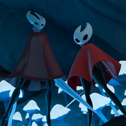 anthro black_body cloak clothed clothing duo exoskeleton female fungus holding_object holding_weapon horn low-angle_view mushroom red_cloak red_clothing skinny standing weapon lorded ghost0fonyx_(modeler) voidwillow_(modeler) hollow_knight_(franchise) team_cherry hornet_(hollow_knight) arthropod 1:1 3d_(artwork) absurd_res digital_media_(artwork) hi_res