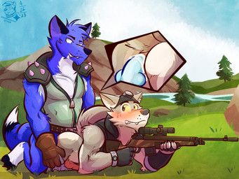 5_fingers animal_genitalia anthro clothing fingerless_gloves fingers genitals gloves grass gun handwear male male/male plant ranged_weapon rifle river rock scenery sex sniper_rifle tree weapon ventkazemaru epic_games fortnite arc_(techcoyote) wendell_(fortnite) canid canine canis coyote mammal wolf 2023 digital_media_(artwork) hi_res watermark