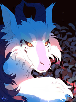 ambiguous_gender black_sclera blue_body blue_fur blue_horn cheek_tuft facial_tuft fangs feral floral_background flower fur glistening glistening_eyes horn mouth_closed narrowed_eyes neck_tuft orange_eyes plant pupils slit_pupils solo teeth tuft white_body white_fur famir mythology dragon furred_dragon furred_scalie mythological_creature mythological_scalie scalie 2023 dated hi_res signature