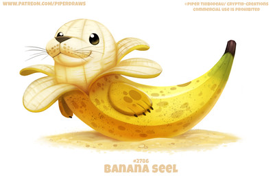 ambiguous_gender banana banana_peel beady_eyes brown_eyes claws feral food fruit humor plant pun simple_background smile solo text visual_pun whiskers white_background yellow_body piper_thibodeau aquatic food_creature mammal pinniped seal 2020 digital_media_(artwork) digital_painting_(artwork) english_text painting_(artwork) url