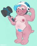 anthro armor barbell_piercing blue_background blue_hair breasts circular_barbell_piercing facial_piercing female flexing genitals hair hammer headgear helmet nipples non-mammal_breasts nose_piercing nude overweight overweight_anthro overweight_female piercing pink_body pink_nipples pink_pussy pink_scales pubes pussy scales septum_circular_barbell septum_piercing short_stack simple_background solo tools brainsister mario_bros nintendo hammer_bro koopa reptile scalie sledge_bro hi_res