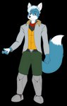 4_fingers anthro black_nose blue_body blue_fur bottomwear clothed clothing cybernetic_leg cybernetic_limb fingers fur hair humanoid_hands jacket kerchief male multicolored_body multicolored_fur pants simple_background smile solo standing topwear transparent_background two_tone_body two_tone_fur white_body white_fur white_hair scythemouse nintendo star_fox marcus_mccloud canid canine fox mammal 2021 alpha_channel hi_res