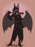 anthro bat_(object) belt black_clothing black_hair boots bottomwear clothing cravat ear_piercing female footwear fur gloves grey_body grey_fur hair handwear high_heeled_boots high_heels highlights_(coloring) long_coat pants piercing purple_highlights shoes shoulder_cape solo weapon_on_shoulder wings thisdingo bloodborne fromsoftware sony_corporation sony_interactive_entertainment jaina_(golddrake) bat mammal absurd_res hi_res