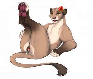blep bodily_fluids chest_tuft cum female feral genital_fluids genitals legs_up looking_at_viewer pawpads reclining simple_background smile solo tail tail_tuft tongue tongue_out tuft vulva white_background bessona felid lion mammal pantherine hi_res