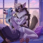 2023 4_toes 5_fingers anthro blue_eyes blue_hair breasts canid canine clothed clothing digital_media_(artwork) duo feet female fingers fox green_eyes hair imanika male mammal smile syndra_amalith toes