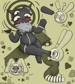 belly beverage blush bodily_fluids breasts clock clothing drooling duo featureless_breasts feet female female/female foot_fetish foot_focus hypnosis legwear mind_control paw_in_face plushie pocketwatch saliva stitch_(sewing) thigh_highs watch zipper thinbug humanoid lagomorph leporid mammal rabbit hi_res