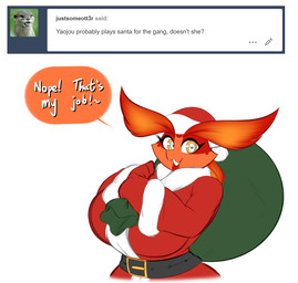 anthro big_breasts breasts christmas_clothing christmas_headwear clothing costume eyebrows female hat headgear headwear holidays looking_at_viewer non-mammal_breasts santa_costume santa_hat simple_background solo text averyshadydolphin christmas mythology anon terrajou alien dragon jou mythological_creature mythological_scalie scalie 2017 english_text