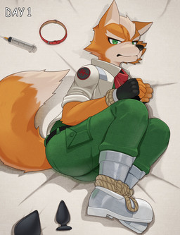 ankles_tied anthro bdsm belt bondage bottomwear bound buttplug clothed clothing collar fingerless_gloves gloves green_bottomwear green_clothing green_eyes green_pants hands_tied handwear jacket kemono kerchief male male_anthro pants plug_(sex_toy) red_kerchief restraints rope rope_bondage sex_toy snarling solo syringe tail text topwear gekishiro nintendo star_fox fox_mccloud canid canine fox mammal absurd_res hi_res
