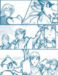 2016 anthro armor basitin blue_and_white brahn cloak clothing comic conditional_dnp daniels_(twokinds) english_text felid female fur group hair human keidran keiren_(twokinds) keith_keiser lynn_(twokinds) male mammal monochrome outside pantherine saber-toothed_tiger simple_background sketch teeth text therie_sah-van tiger tom_fischbach twokinds white_background