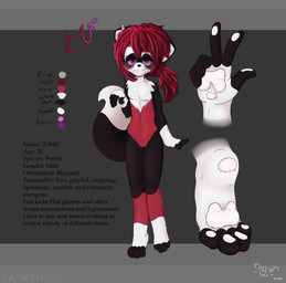 anthro digitigrade eyewear fingerless_(marking) fingerless_gloves_(marking) fluffy glasses gloves_(marking) hair male markings multicolored_body pawpads paws red_hair smile solo kemotobi tobiki_(kemotobi) domestic_ferret mammal mustelid musteline true_musteline weasel 2012 letterbox model_sheet