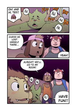anthro backpack_strap backwards_baseball_cap backwards_hat baseball_cap bodily_fluids brown_body brown_hair clothing cute_fangs dialogue drooling eyes_closed fangs floppy_ears fucked_silly fur gesture green_body green_fur grey_body group hair hand_gesture hat headgear headwear long_ears male male/male moan orange_clothing orange_shirt orange_topwear overalls pink_body pink_clothing pink_hat pink_headwear red_clothing red_hat red_headwear round_ears saliva sex shirt speech_bubble sweat tank_top teeth text three_frame_image thumbs_up topwear whiskers yellow_body t0l0k isaac_(t0l0k) octavio_(t0l0k) roy_(t0l0k) scott_(t0l0k) ted_(t0l0k) aquatic canid canine canis domestic_cat domestic_dog domestic_pig felid feline felis fish lion mammal pantherine shark suid suine sus_(pig) comic english_text hi_res multiple_scenes