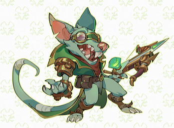 anthro armor bandage bandaged_tail belt boots bottomwear buckteeth claws clothing crazy_eyes crossbow eyewear fangs fingerless_gloves footwear fur gauntlets gloves goggles green_body green_fur grey_background half-closed_eyes handwear holding_object holding_weapon kerchief loincloth looking_at_viewer male narrowed_eyes open_mouth open_smile pattern_background pose ranged_weapon rat_tail sharp_teeth shoes simple_background smile solo standing tail tail_wraps teeth tongue weapon white_background wraps bluecard916 league_of_legends riot_games tencent twitch_(lol) mammal murid murine rat rodent 2025 hi_res