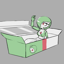 4_fingers anthro box breasts container doll featureless_breasts female fingers glistening glistening_body green_hair hair machine medium_breasts red_eyes solo toy waking_up white_body e254e nintendo pokemon gardevoir generation_3_pokemon humanoid pokemon_(species) robot hi_res