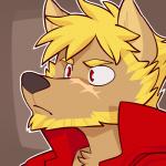 anthro beard blonde_hair clothed clothing facial_hair facial_scar frown fur hair male outline red_eyes scar short_hair solo tan_body tan_fur topwear vest vasuki jaryl_(character) canid canine canis mammal wolf 1:1 headshot_portrait icon portrait