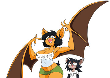 3_fingers ambiguous_gender anthro black_eyes black_hair bottomwear breasts cleavage clothed clothing duo fangs female female_anthro fingers green_bottomwear green_clothing green_shorts hair half-closed_eyes looking_at_viewer membrane_(anatomy) membranous_wings narrowed_eyes open_mouth orange_body shirt short_hair shorts simple_background smile teeth text text_on_clothing text_on_shirt text_on_topwear topwear white_background white_clothing white_shirt white_topwear winged_arms wings perezoso_draw bat mammal english_text hi_res spanish_text